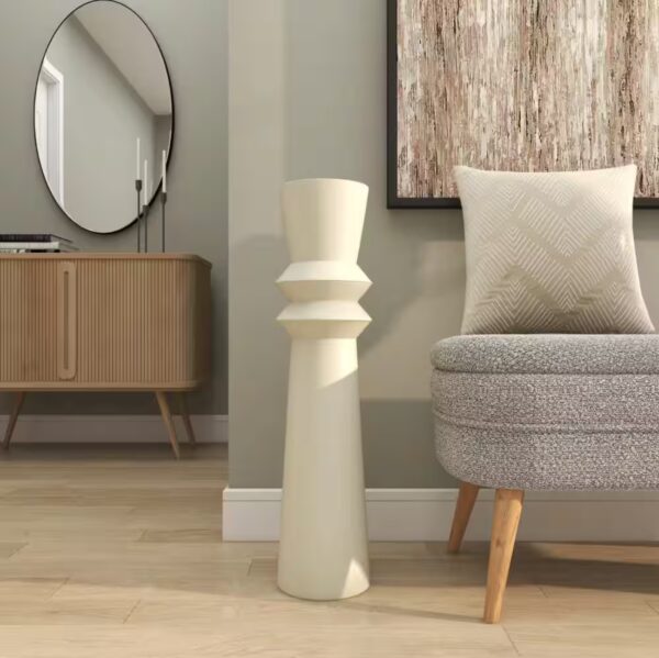 32 in. Cream Tall Art Deco Fluted Floor Metal Decorative Vase